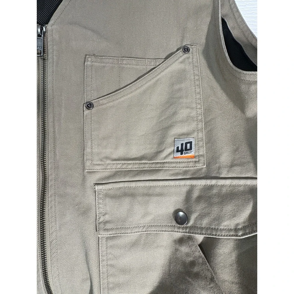 40 Grit by Duluth Trading Co Mens 2XL Khaki Canvas Utility Work Vest Full Zip
